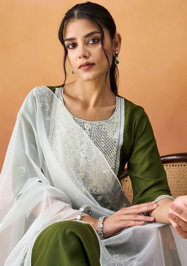 Green Beads And Stone Poly Blend Salwar Kameez With Dupatta