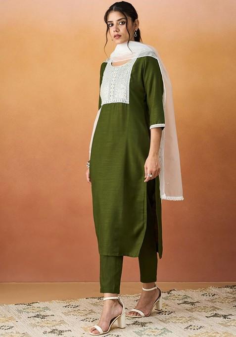 Green Beads And Stone Poly Blend Salwar Kameez With Dupatta