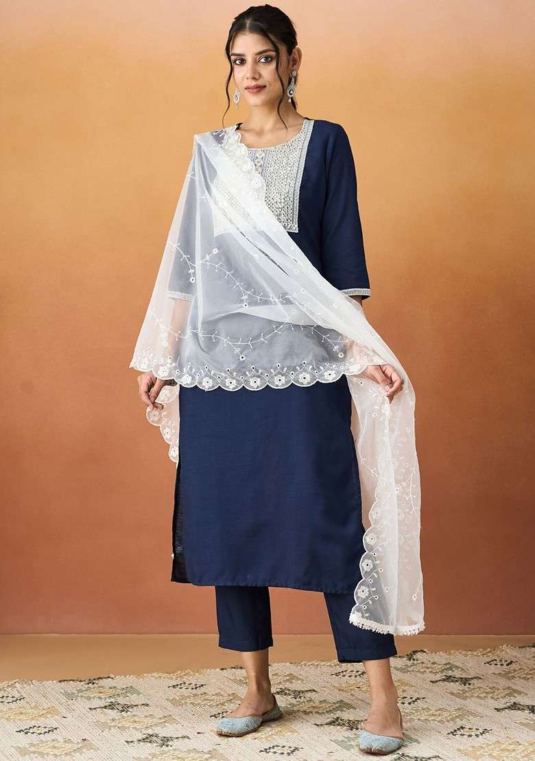 Navy Blue Beads And Stone Poly Blend Salwar Kameez With Dupatta - Indya