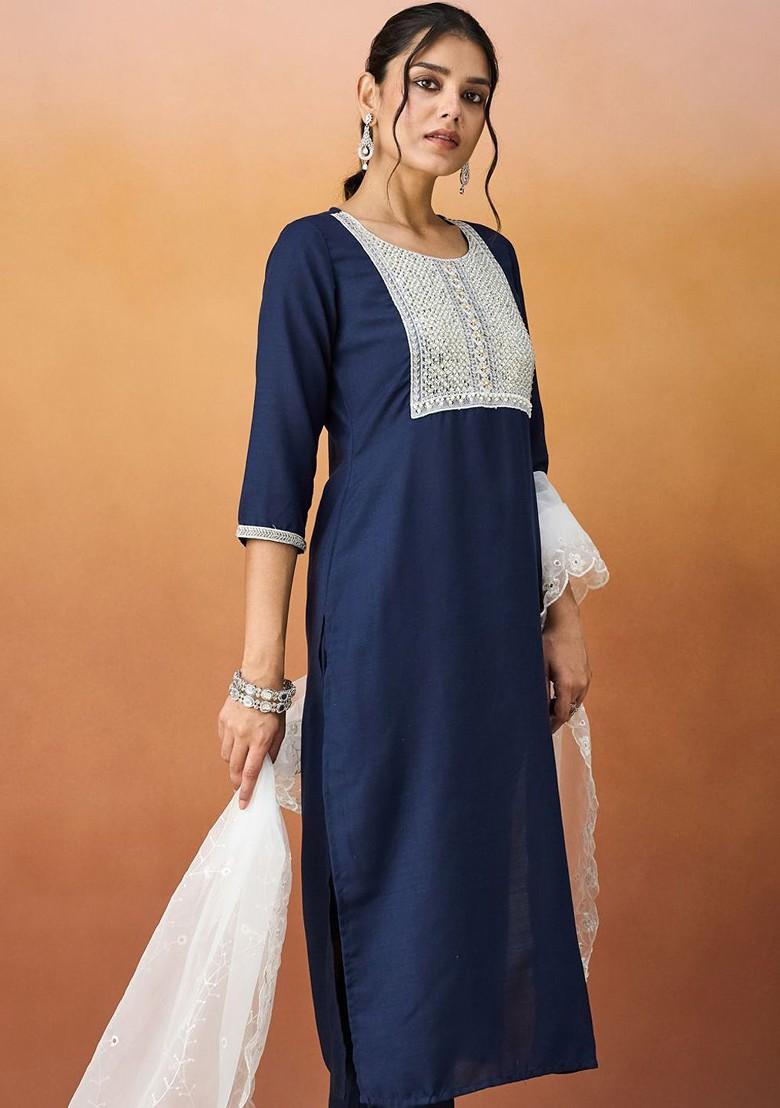 Navy Blue Beads And Stone Poly Blend Salwar Kameez With Dupatta