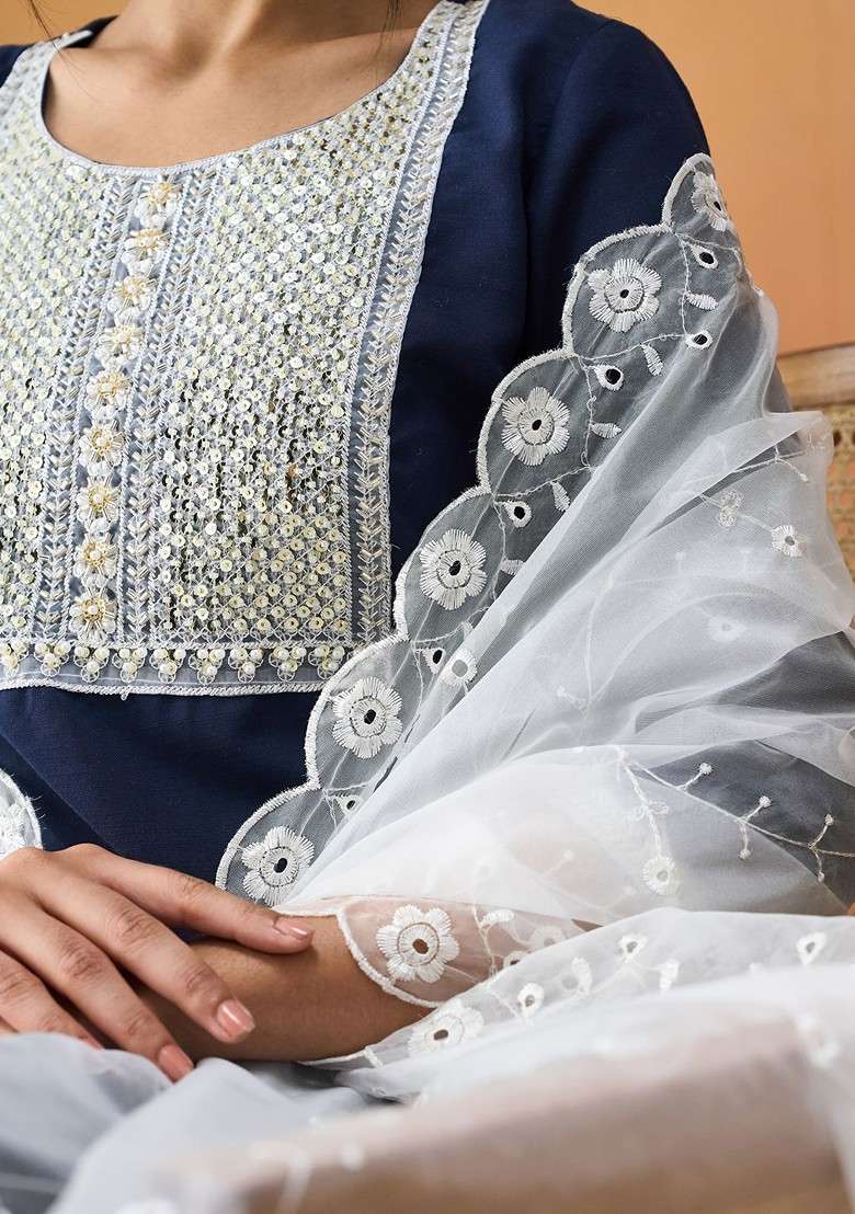 Navy Blue Beads And Stone Poly Blend Salwar Kameez With Dupatta - Indya