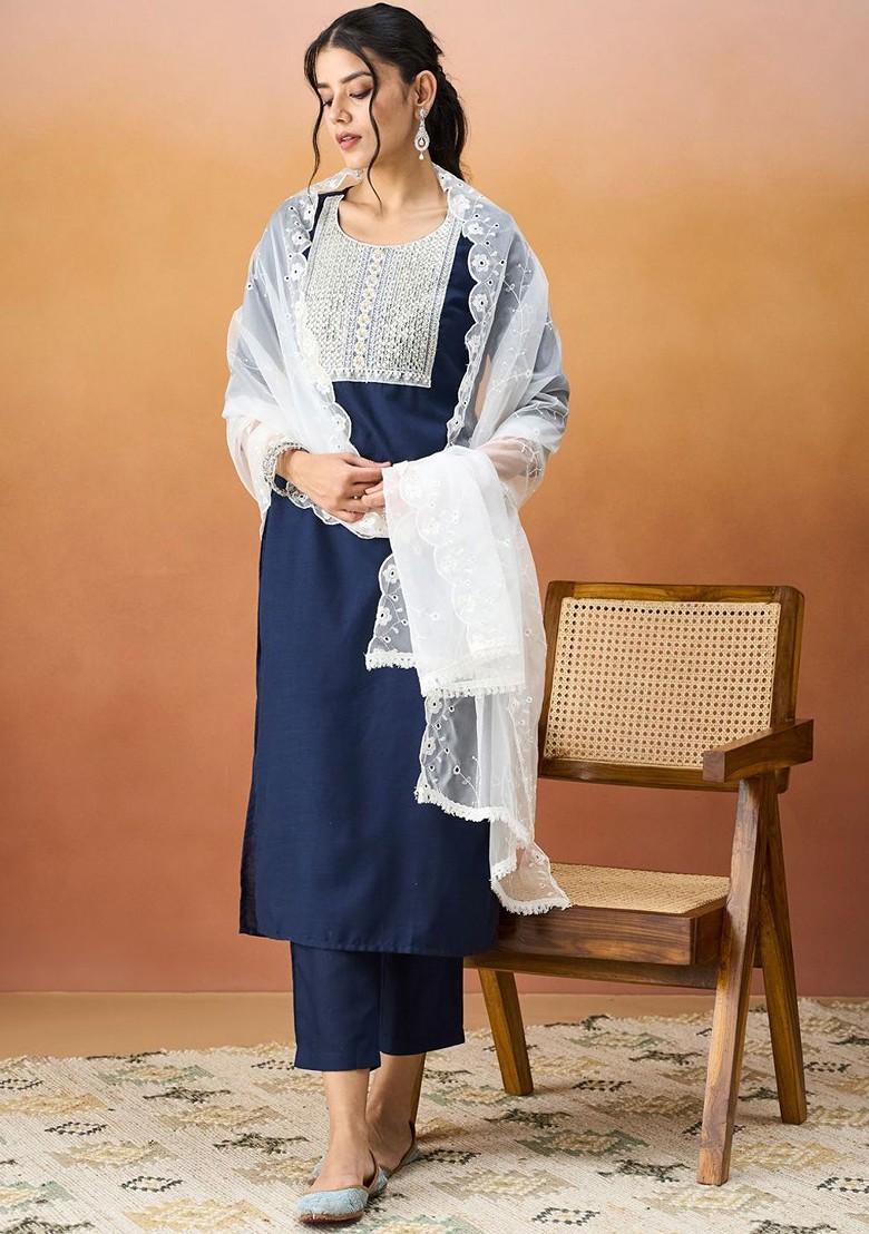 Navy Blue Beads And Stone Poly Blend Salwar Kameez With Dupatta