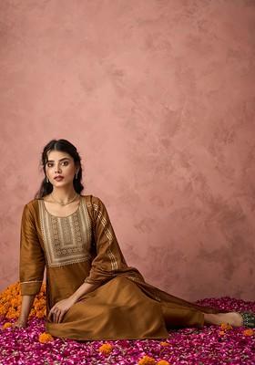 Brown Embroidered Poly Blend Salwar Kameez With Dupatta