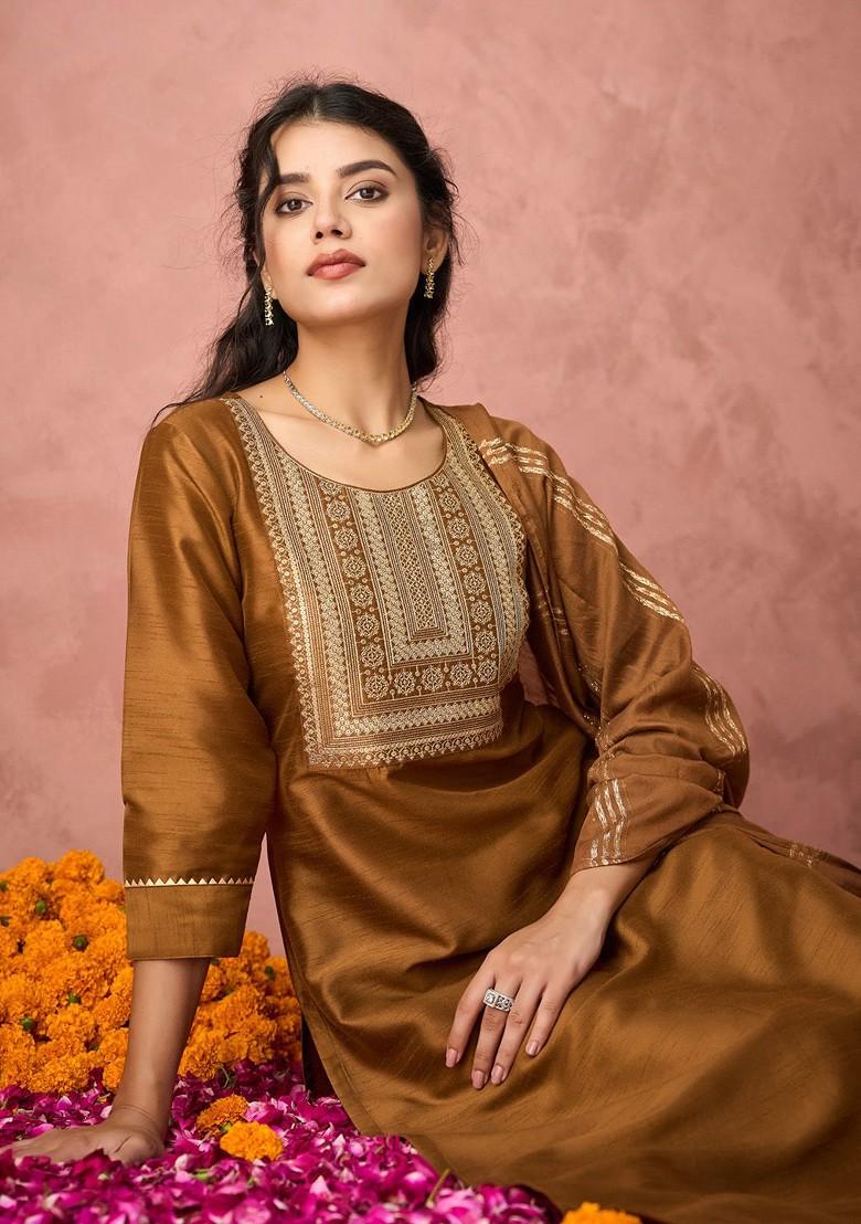 Brown Embroidered Poly Blend Salwar Kameez With Dupatta