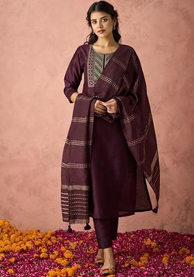 Purple Embroidered Poly Blend Salwar Kameez With Dupatta