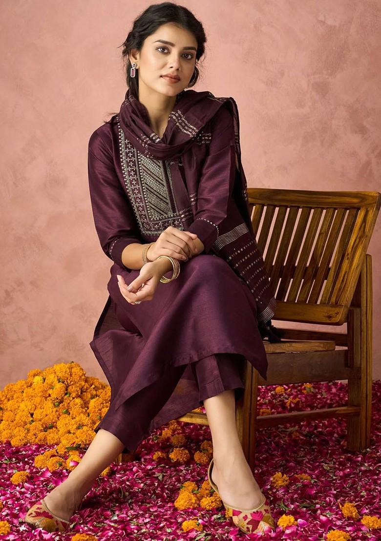 Purple Embroidered Poly Blend Salwar Kameez With Dupatta