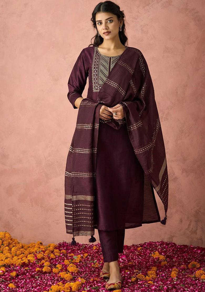 Purple Embroidered Poly Blend Salwar Kameez With Dupatta