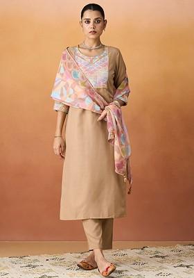 Beige Embellished Poly Blend Salwar Kameez With Dupatta