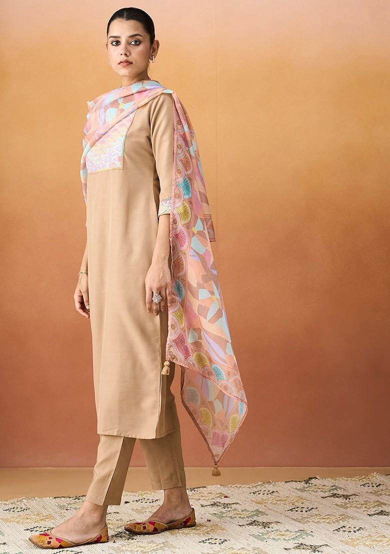 Beige Embellished Poly Blend Salwar Kameez With Dupatta