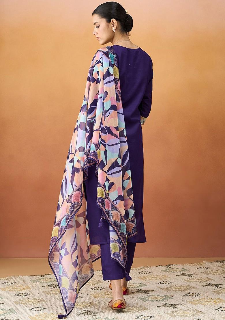 Purple Embellished Poly Blend Salwar Kameez With Dupatta