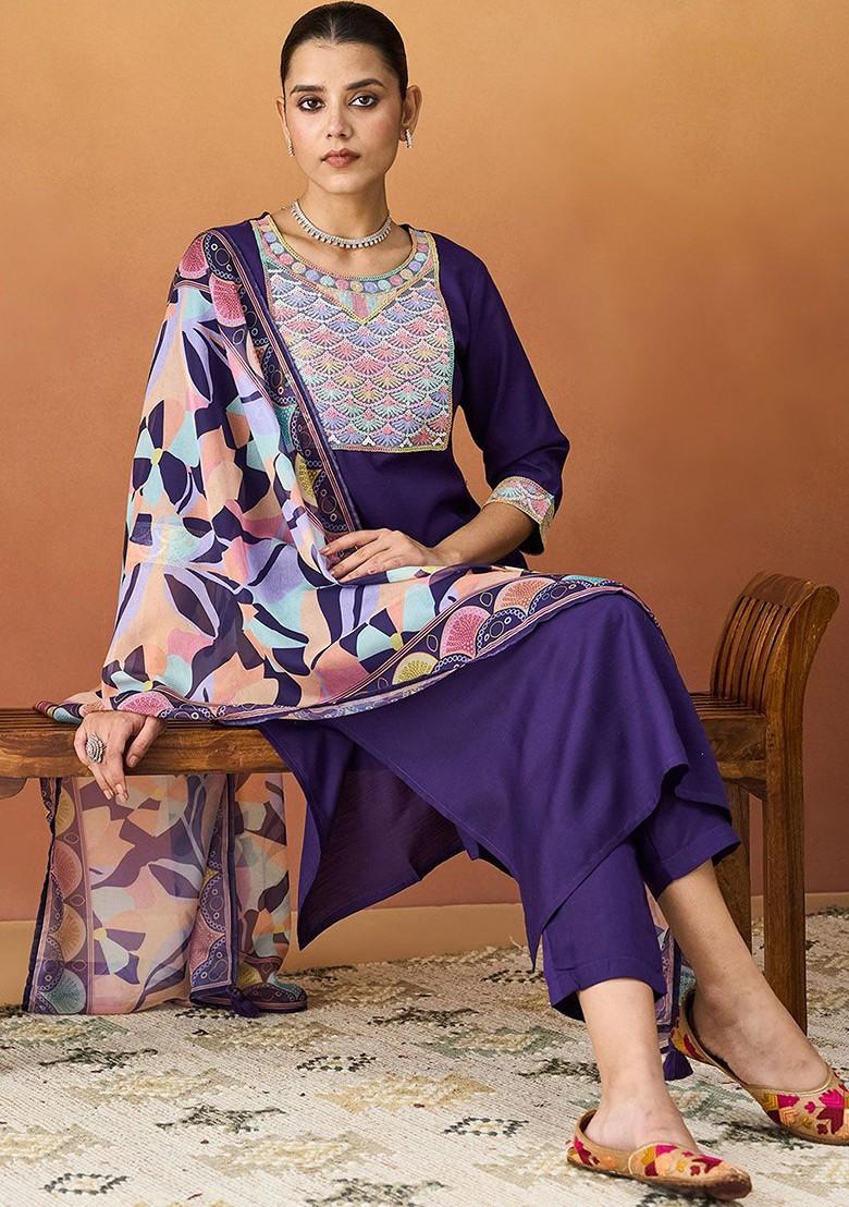 Purple Embellished Poly Blend Salwar Kameez With Dupatta