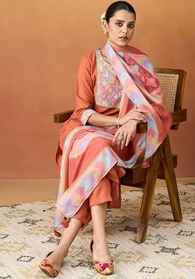 Coral Brown Embellished Poly Blend Salwar Kameez With Dupatta