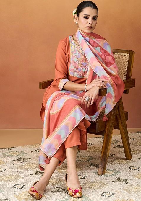 Coral Brown Embellished Poly Blend Salwar Kameez With Dupatta