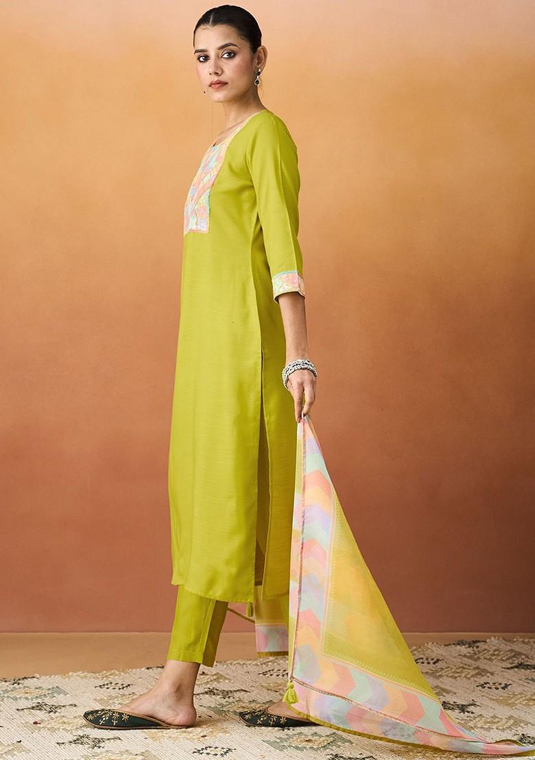 Olive Green Embellished Poly Blend Salwar Kameez With Dupatta