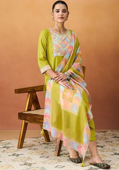 Olive Green Embellished Poly Blend Salwar Kameez With Dupatta
