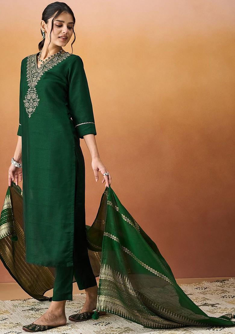 Sea Green Embroidered Poly Blend Salwar Kameez With Dupatta