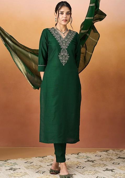 Sea Green Embroidered Poly Blend Salwar Kameez With Dupatta