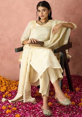 Off White Embroidered Poly Blend Salwar Kameez With Dupatta