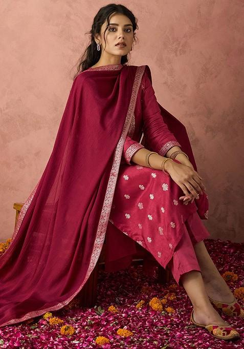 Pink Embroidered Silk Salwar Kameez With Dupatta