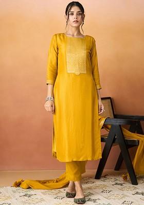 Yellow Embroidered Poly Blend Salwar Kameez With Dupatta