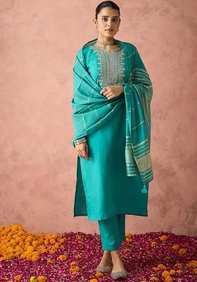 Turquoise Blue Embroidered Poly Blend Salwar Kameez With Dupatta