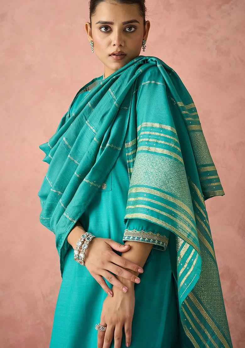 Turquoise Blue Embroidered Poly Blend Salwar Kameez With Dupatta
