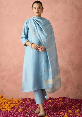 Blue Embroidered Poly Blend Salwar Kameez With Dupatta