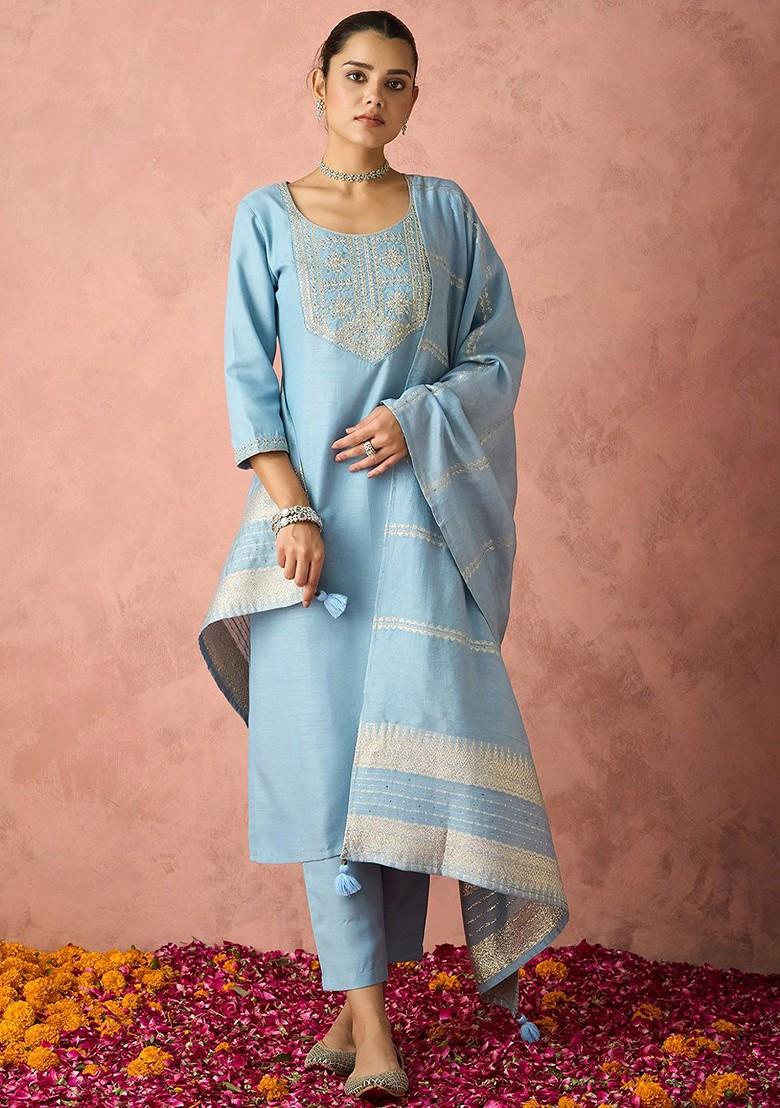 Blue Embroidered Poly Blend Salwar Kameez With Dupatta