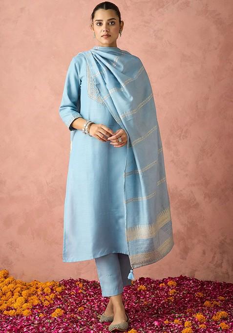 Blue Embroidered Poly Blend Salwar Kameez With Dupatta