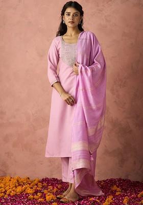 Pink Embroidered Poly Blend Salwar Kameez With Dupatta