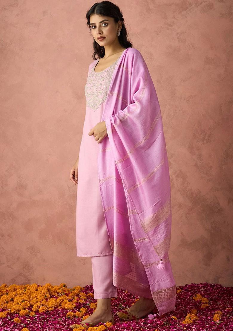 Pink Embroidered Poly Blend Salwar Kameez With Dupatta