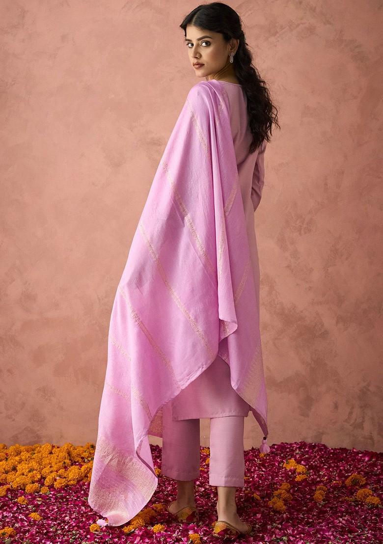 Pink Embroidered Poly Blend Salwar Kameez With Dupatta