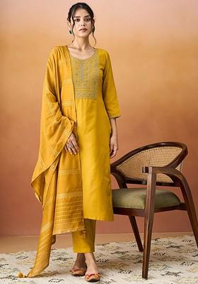 Yellow Embroidered Poly Blend Salwar Kameez With Dupatta