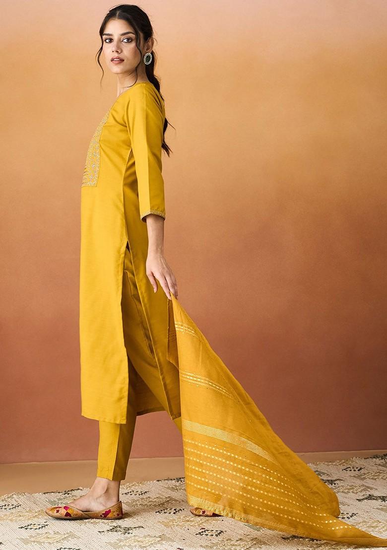 Yellow Embroidered Poly Blend Salwar Kameez With Dupatta