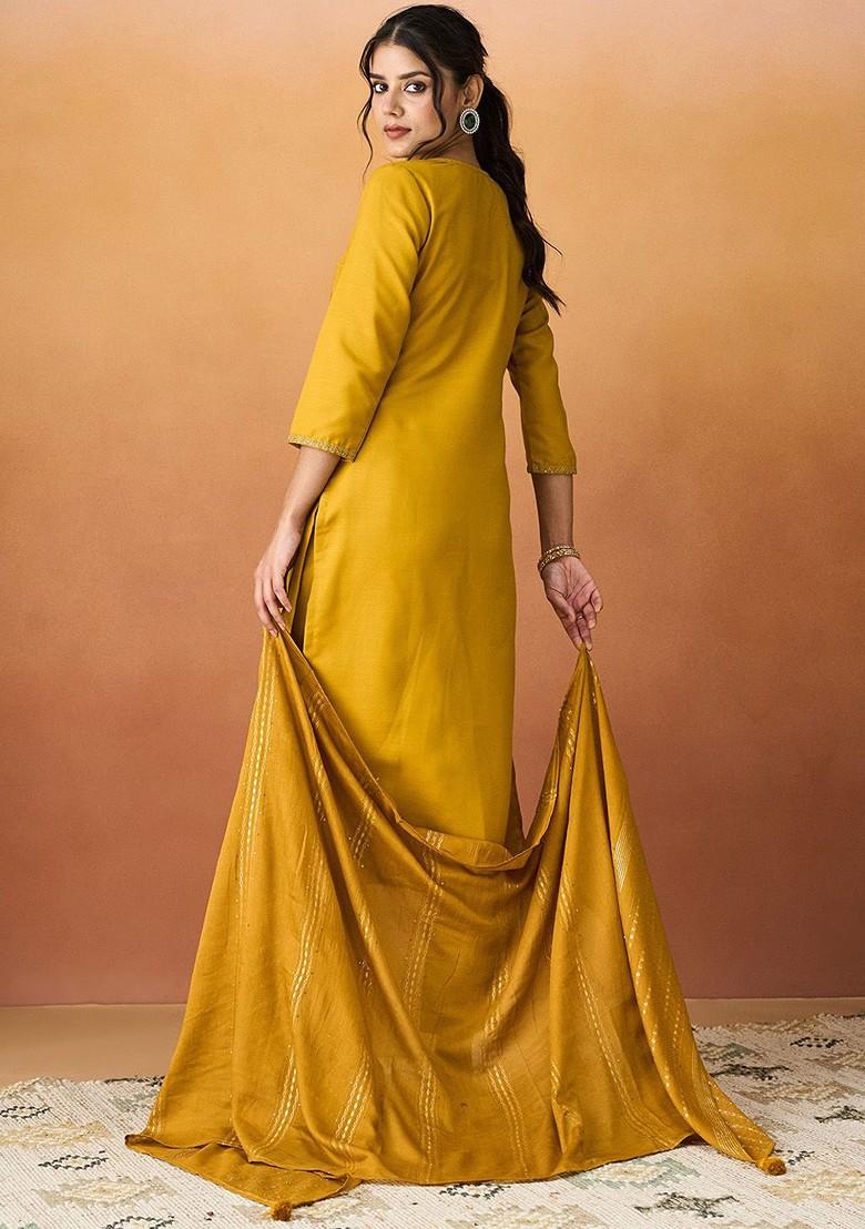 Yellow Embroidered Poly Blend Salwar Kameez With Dupatta