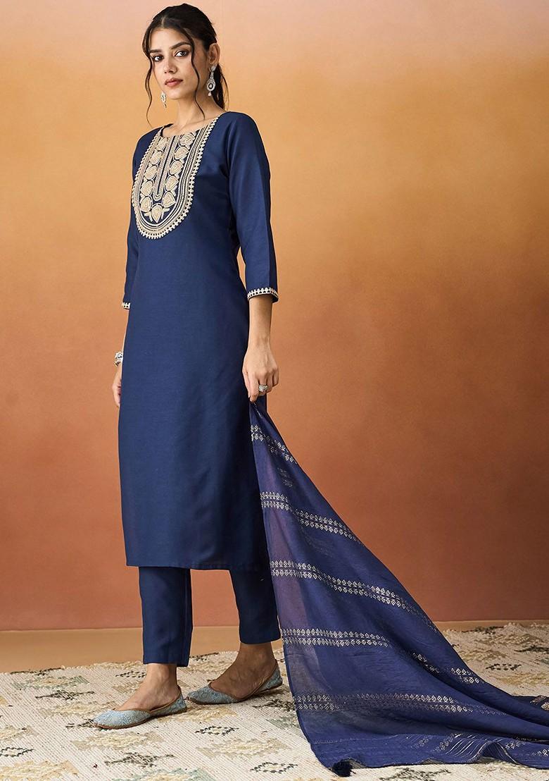 Navy Blue Embroidered Poly Blend Salwar Kameez With Dupatta