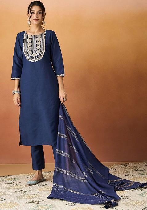 Navy Blue Embroidered Poly Blend Salwar Kameez With Dupatta