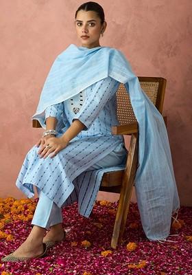 Turquoise Blue Woven Poly Blend Salwar Kameez With Dupatta