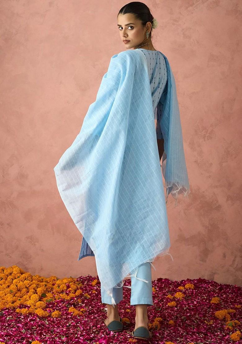 Turquoise Blue Woven Poly Blend Salwar Kameez With Dupatta