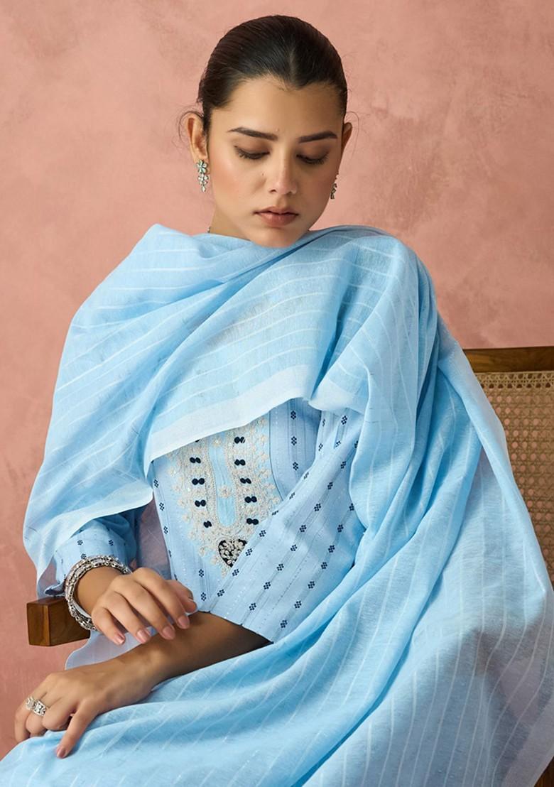 Turquoise Blue Woven Poly Blend Salwar Kameez With Dupatta