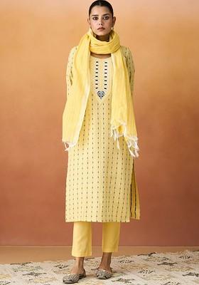 Yellow Woven Poly Blend Salwar Kameez With Dupatta