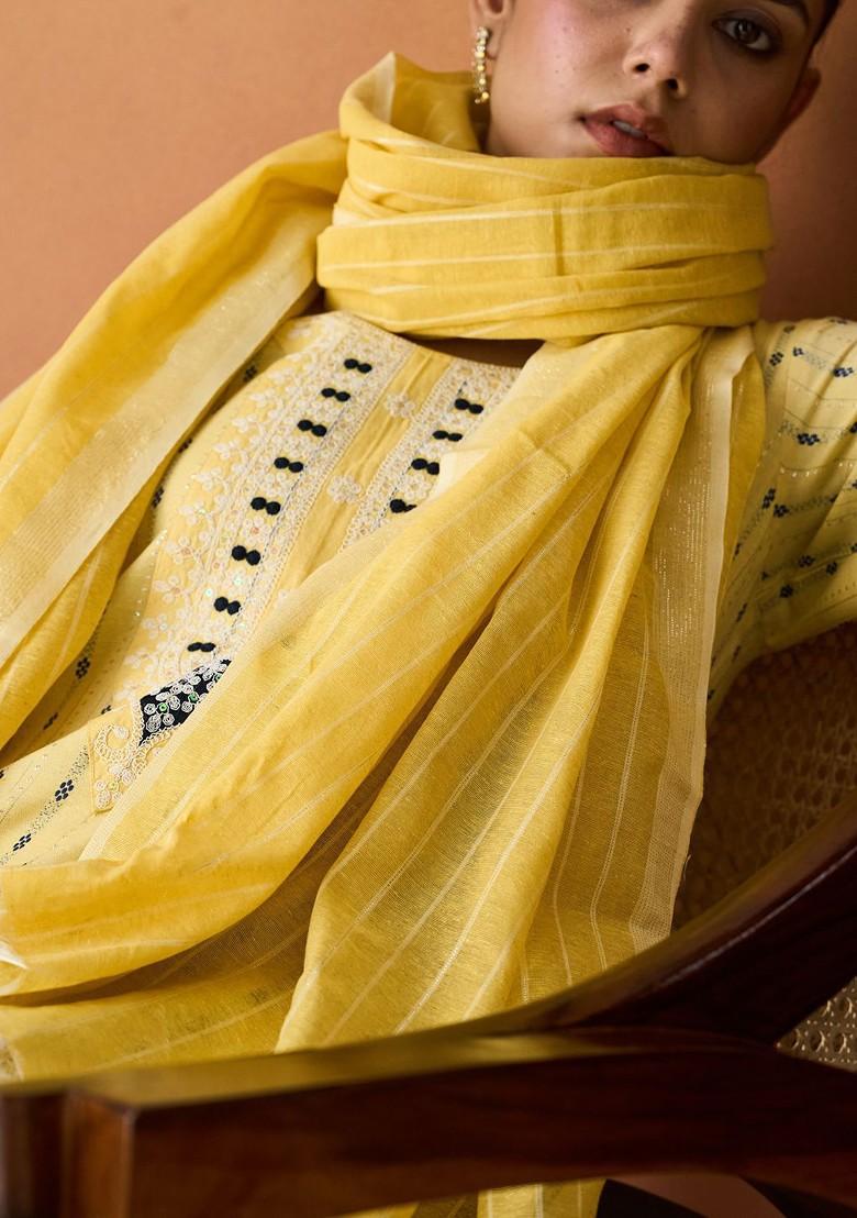 Yellow Woven Poly Blend Salwar Kameez With Dupatta