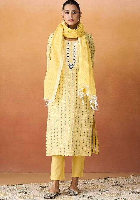 Yellow Woven Poly Blend Salwar Kameez With Dupatta