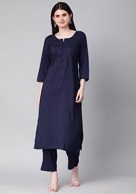 Navy Blue Striped Poly Blend Salwar Kameez