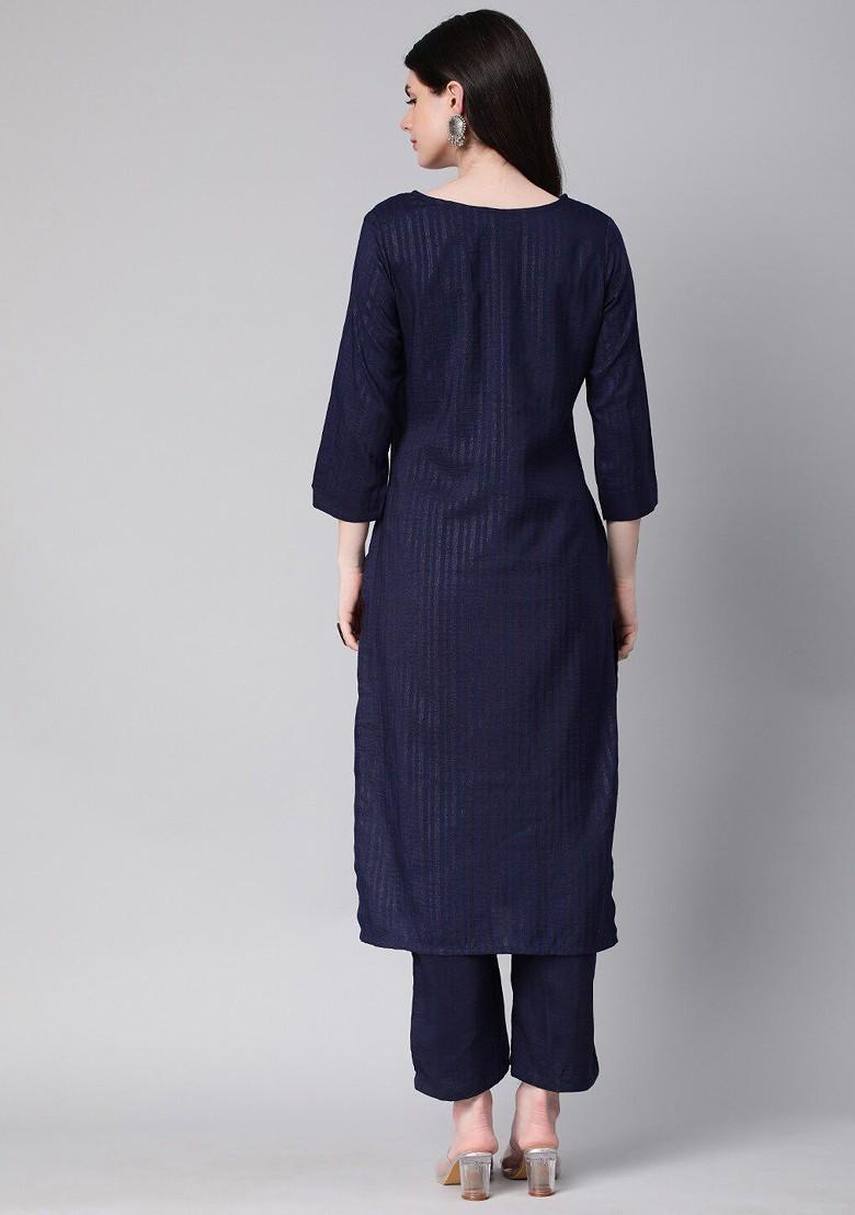 Navy Blue Striped Poly Blend Salwar Kameez