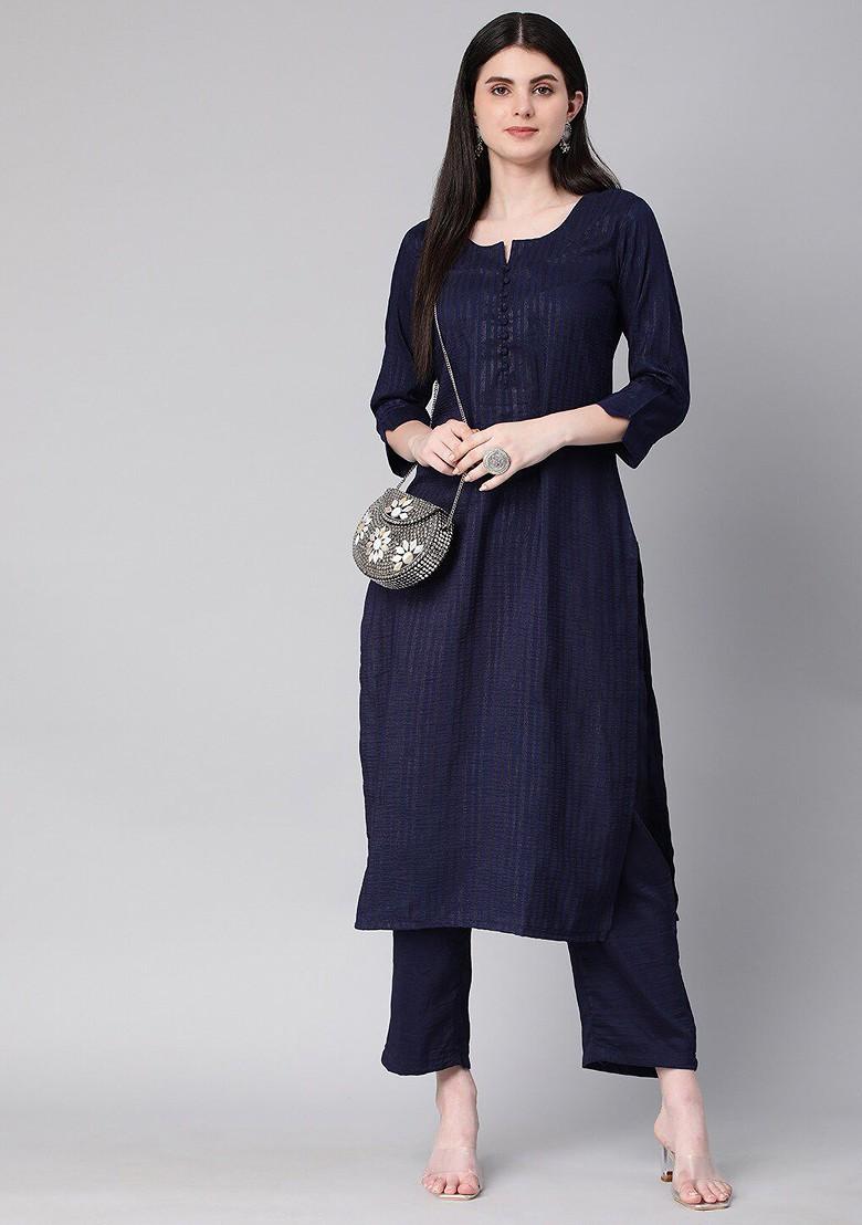 Navy Blue Striped Poly Blend Salwar Kameez