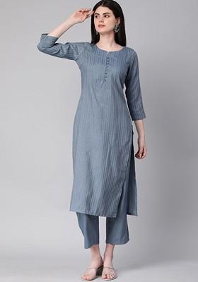 Grey Striped Poly Blend Salwar Kameez 