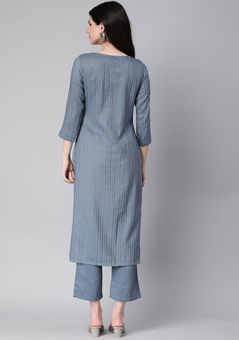 Grey Striped Poly Blend Salwar Kameez 