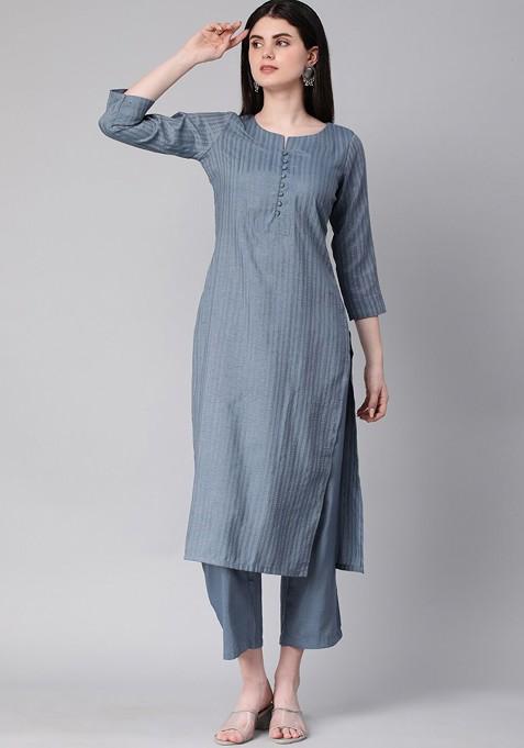 Grey Striped Poly Blend Salwar Kameez With Dupatta