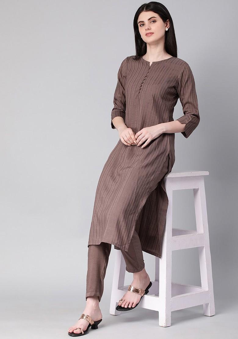 Brown Striped Poly Blend Salwar Kameez 